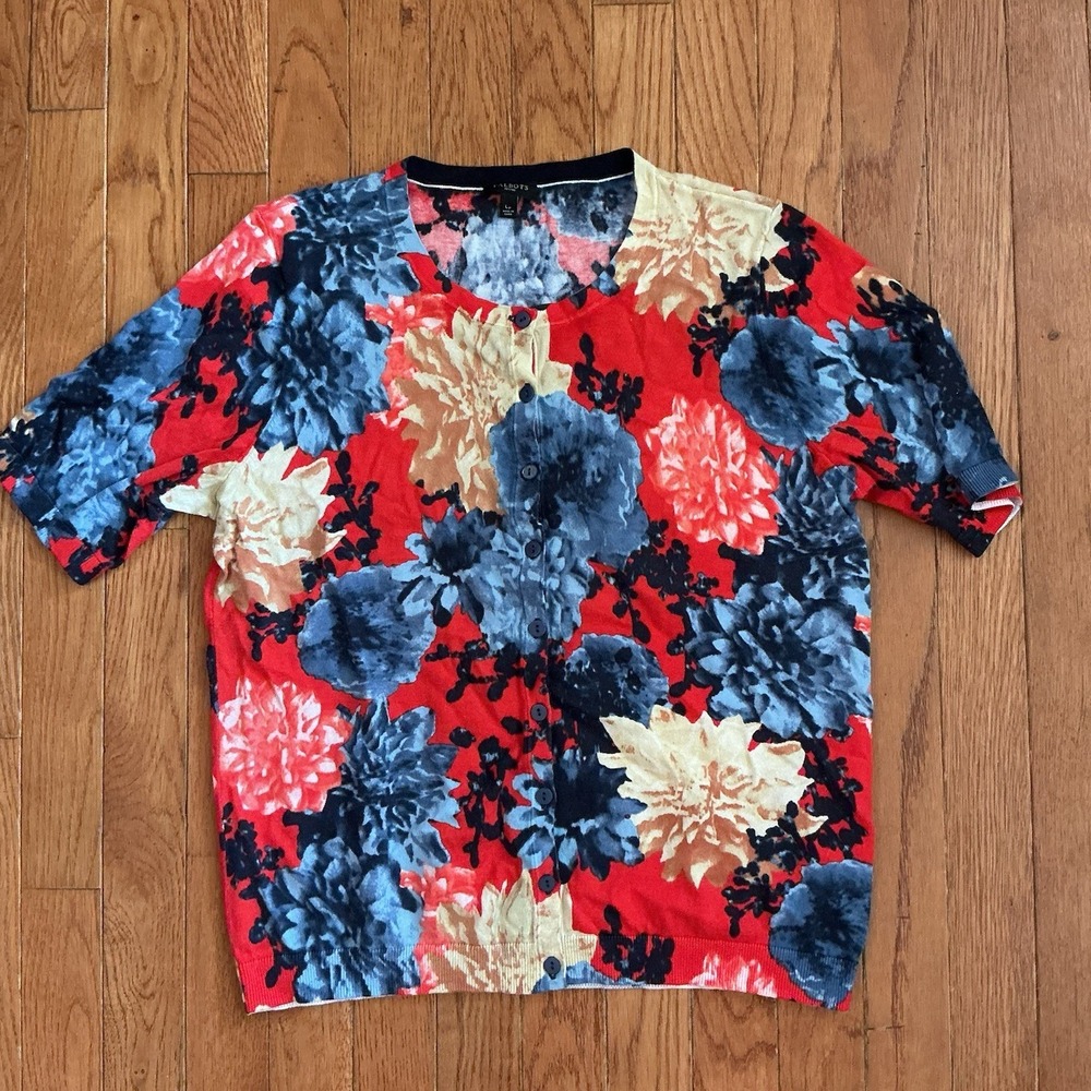 Talbots Petites Womens Short Sleeve Floral Button Up Cardigan Sweater Size L